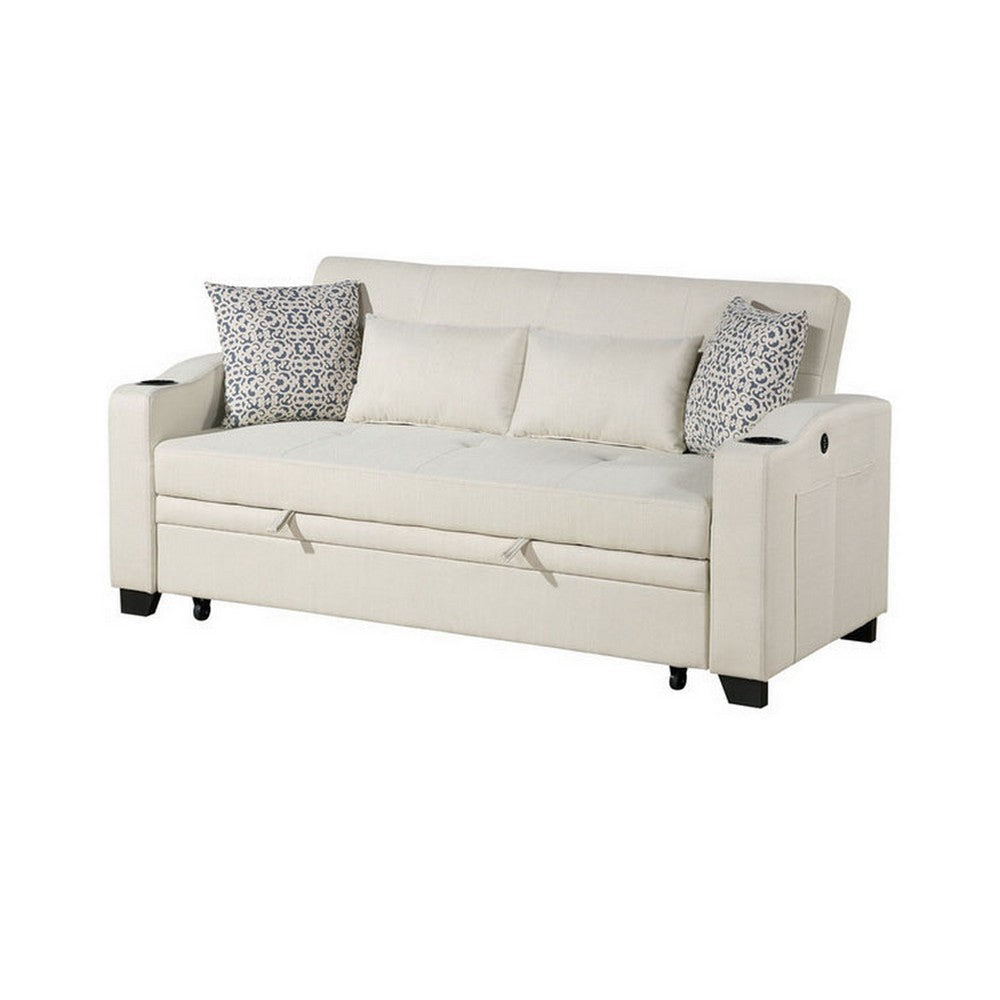 Tene 71 Inch Convertible Sleeper Loveseat USB 4 Accent Pillows Beige By Casagear Home BM317334