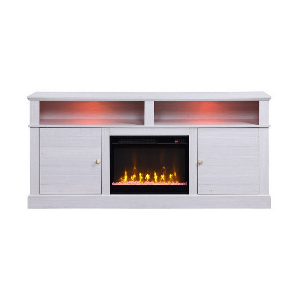 Cier 70 Inch TV Console with LED Fireplace Heater Plinth Base White Gold By Casagear Home BM317340