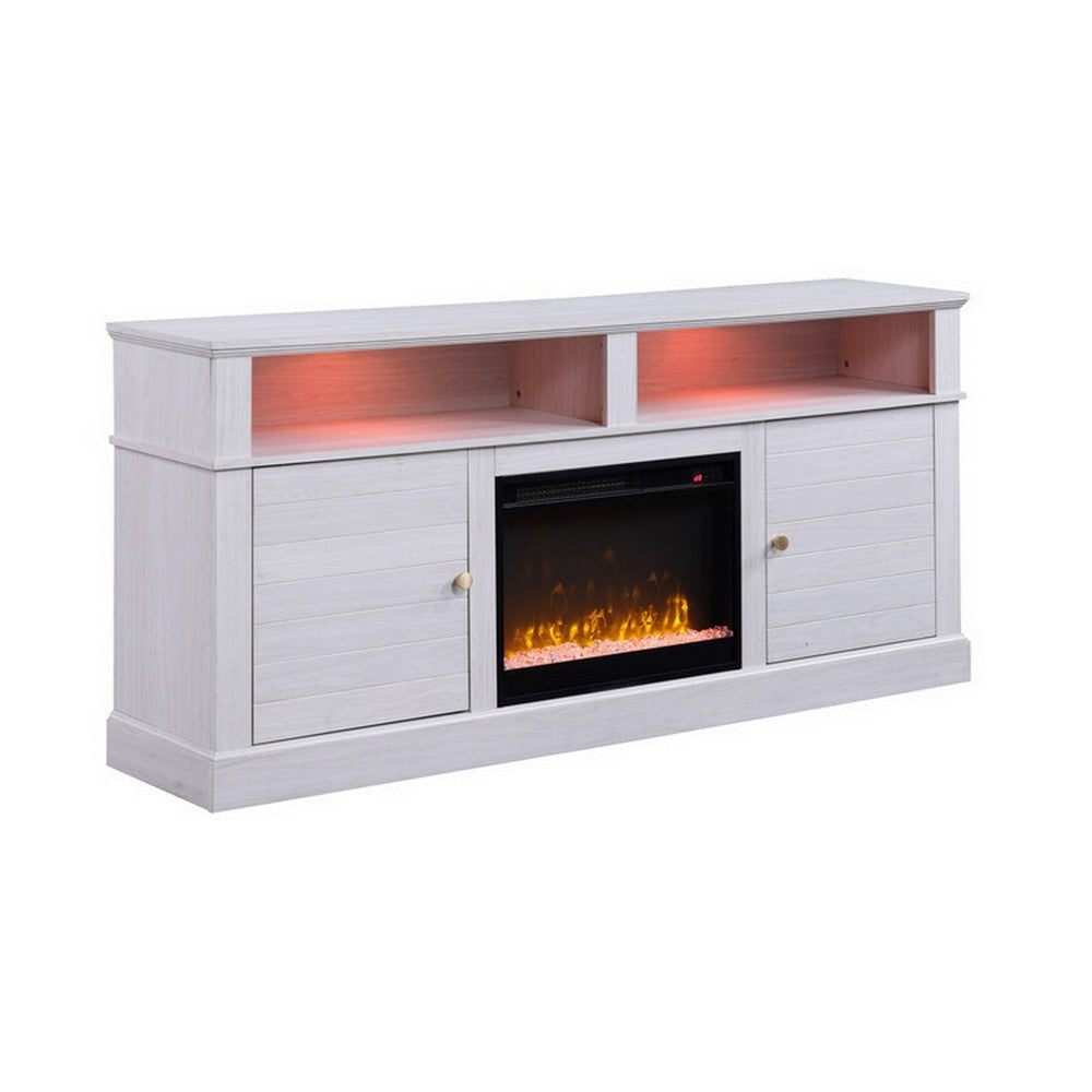 Cier 70 Inch TV Console with LED Fireplace Heater, Plinth Base, White, Gold By Casagear Home