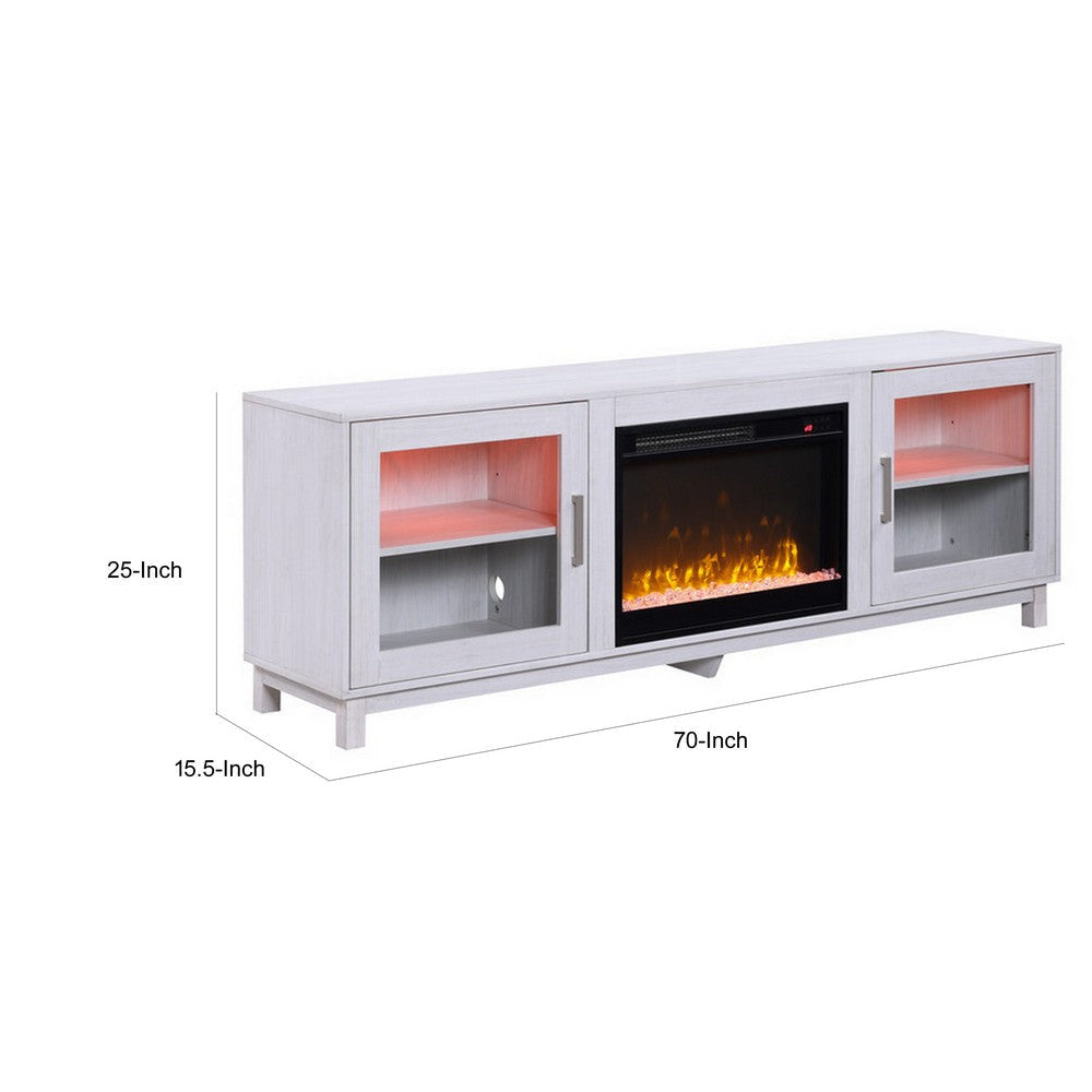 Samy 70 Inch TV Console LED Fireplace Heater Glass Door White Silver By Casagear Home BM317341