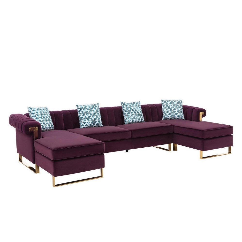 Ore 128 Inch Sectional Sofa with Double Chaise 5 Seater Purple Velvet By Casagear Home BM317351