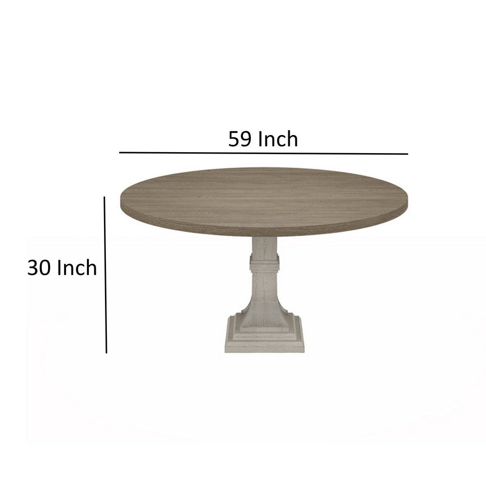 Sane 59 Inch Dining Table Round Top with Pedestal Base White Gray By Casagear Home BM317353