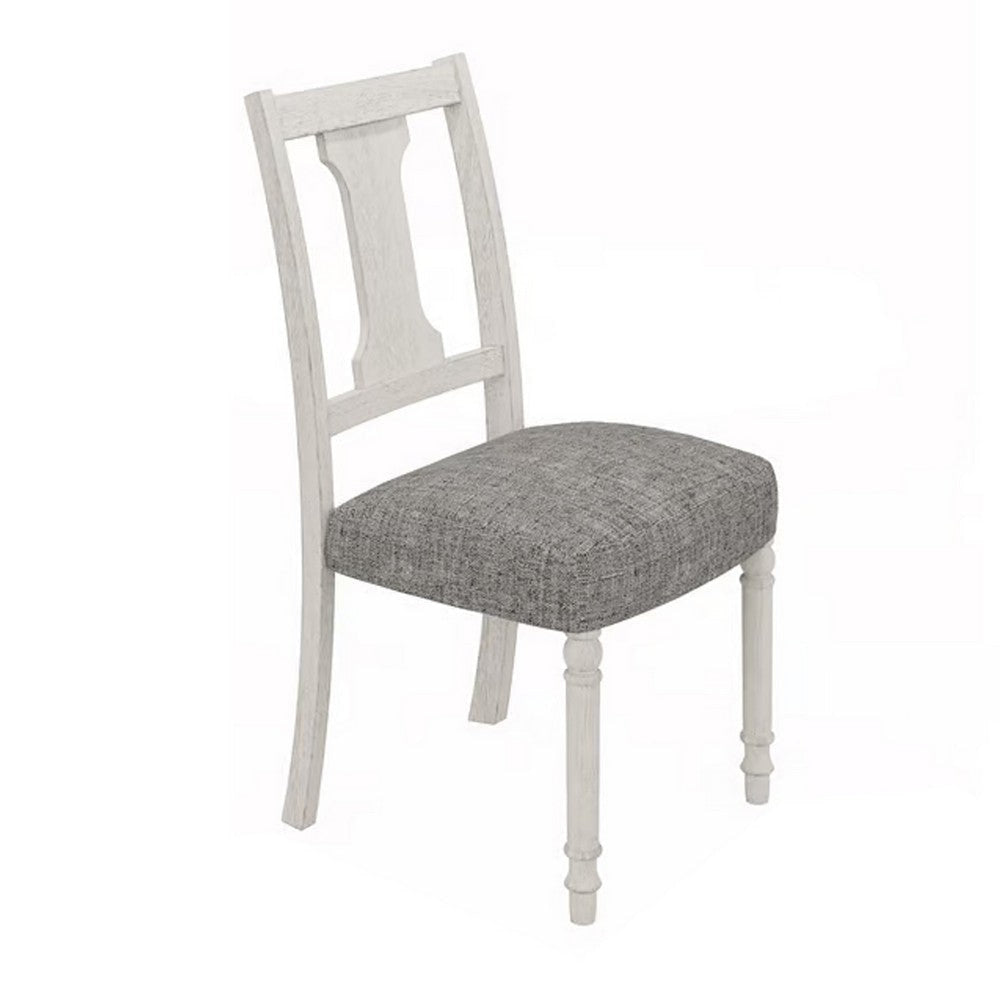 Sane 19 Inch Dining Side Chair Set of 2, Fiddleback, White Wood, Gray Linen By Casagear Home