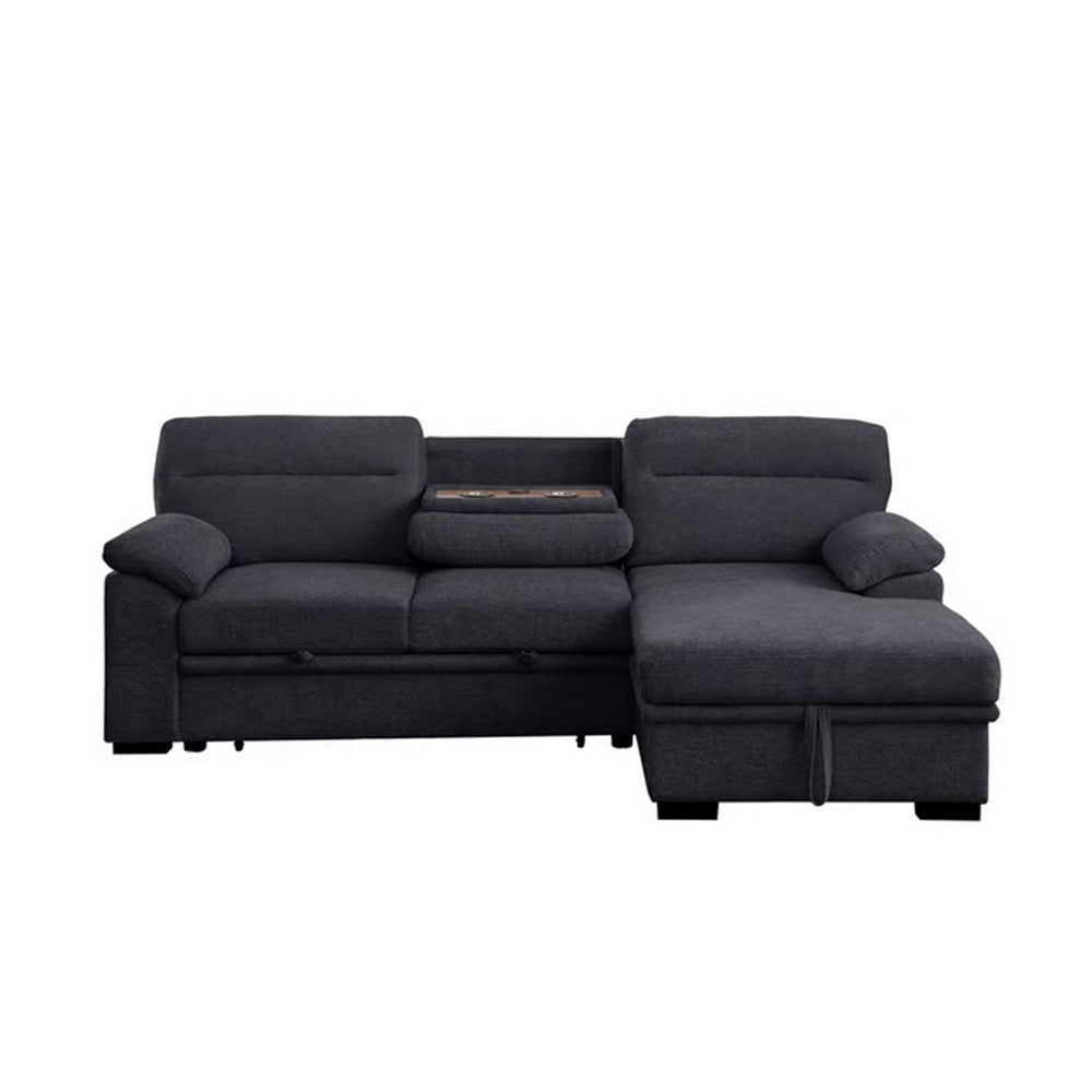 Geni 93 Inch Sleeper Sectional Sofa Right Chaise Dark Gray USB C Port By Casagear Home BM317365