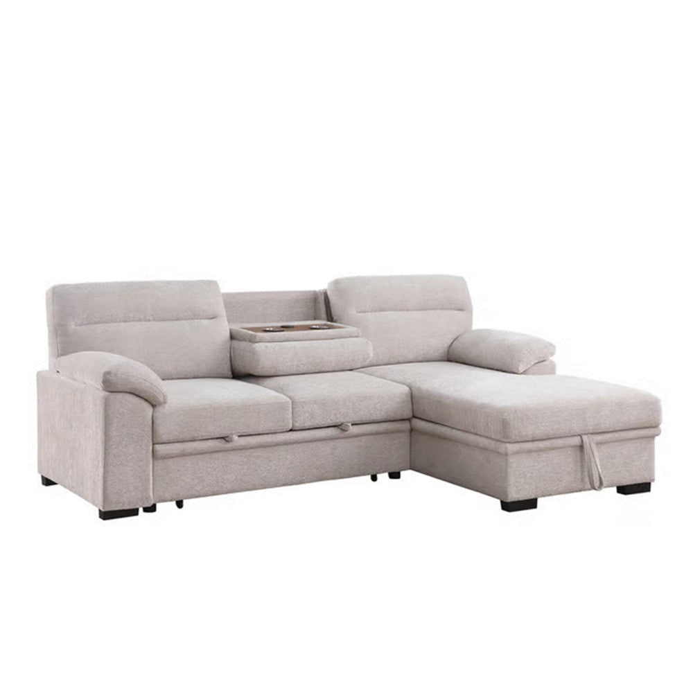 Geni 93 Inch Sleeper Sectional Sofa with Right Chaise Beige USB C Port By Casagear Home BM317368