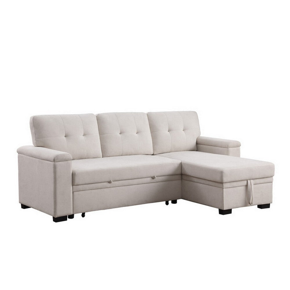 Lusy 85 Inch Reversible Sleeper Sectional Sofa with Storage Chaise Beige By Casagear Home BM317376