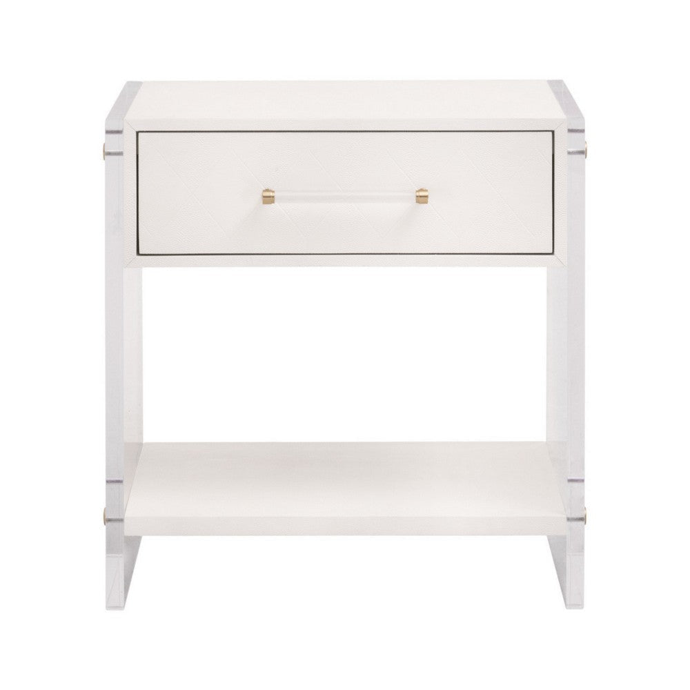 26 Inch Nightstand White Faux Shagreen Resin Drawer Acrylic Panel Legs By Casagear Home BM317378