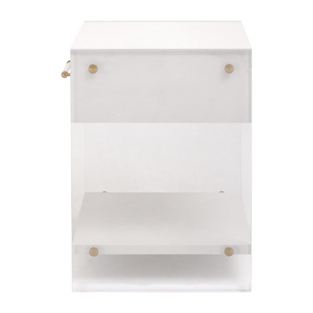 26 Inch Nightstand White Faux Shagreen Resin Drawer Acrylic Panel Legs By Casagear Home BM317378