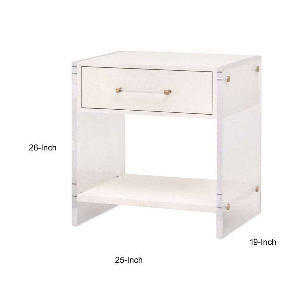 26 Inch Nightstand White Faux Shagreen Resin Drawer Acrylic Panel Legs By Casagear Home BM317378