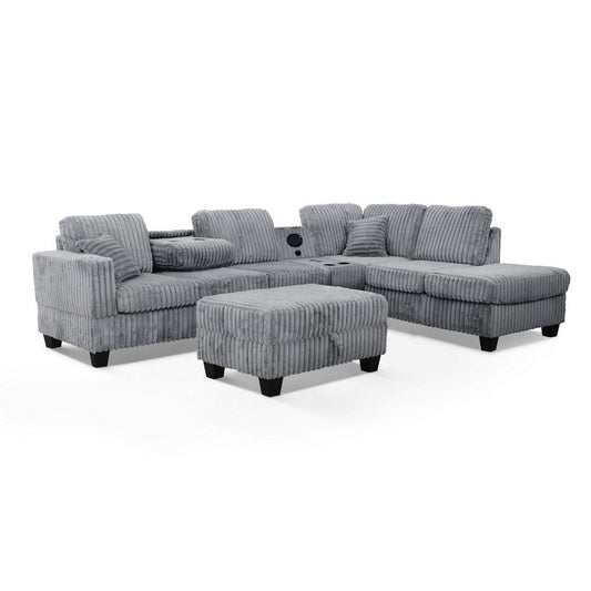 Ega 81 Inch Sectional Sofa, Chaise, Storage Ottoman, Bluetooth, Gray By Casagear Home