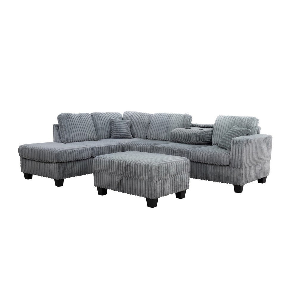 Ega 81 Inch Sectional Sofa with Reversible Chaise Ottoman Gray Corduroy By Casagear Home BM317382