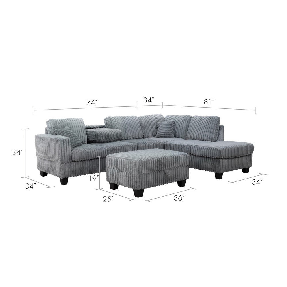 Ega 81 Inch Sectional Sofa with Reversible Chaise Ottoman Gray Corduroy By Casagear Home BM317382