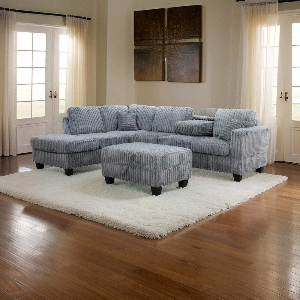 Ega 81 Inch Sectional Sofa with Reversible Chaise Ottoman Gray Corduroy By Casagear Home BM317382