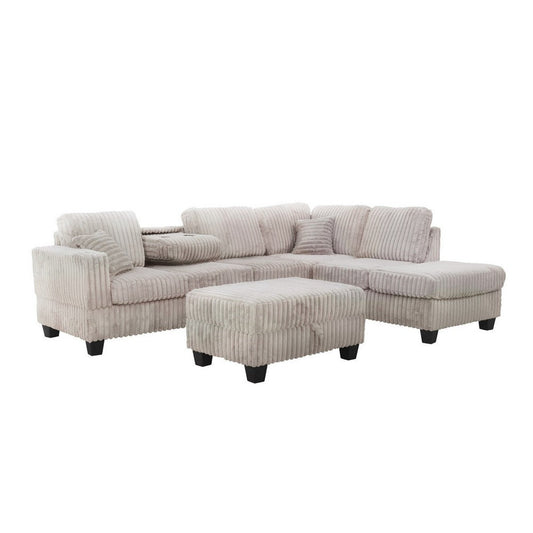 Ega 81 Inch Sectional Sofa with Reversible Chaise, Ottoman, Beige Corduroy By Casagear Home