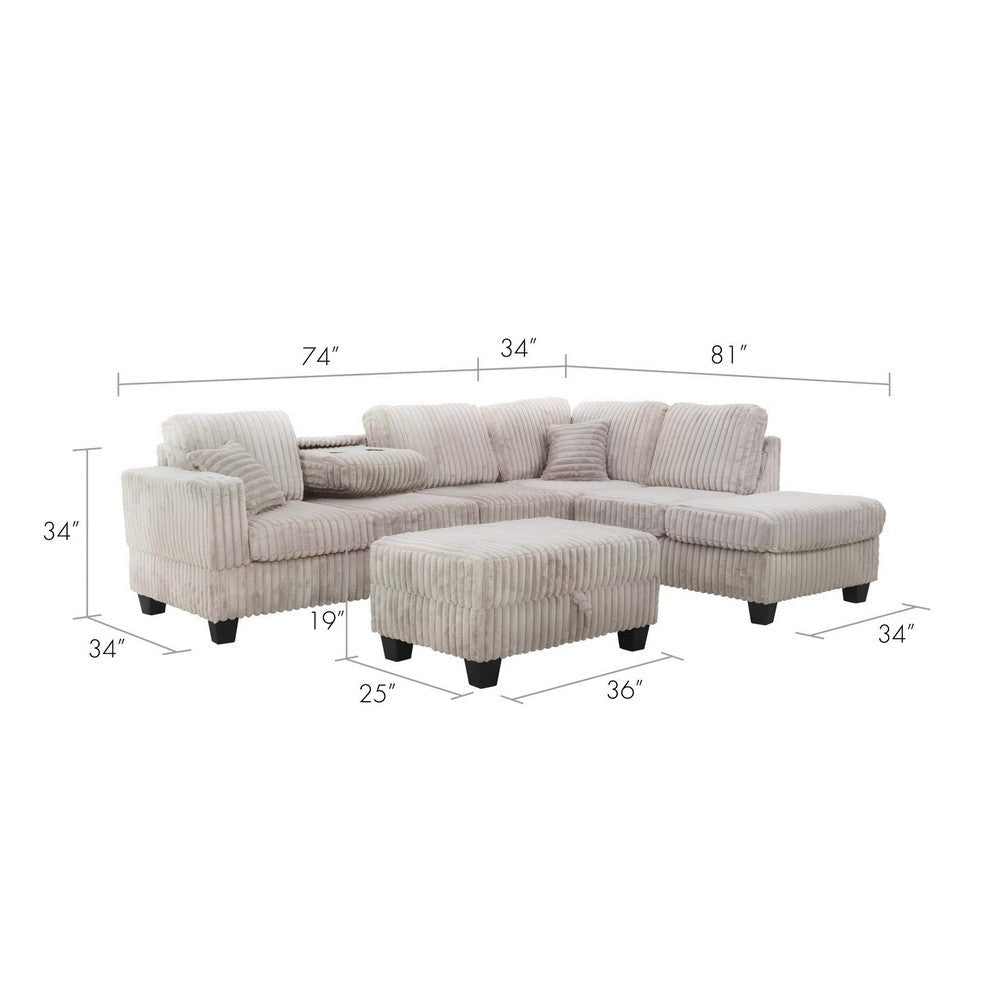 Ega 81 Inch Sectional Sofa with Reversible Chaise Ottoman Beige Corduroy By Casagear Home BM317384