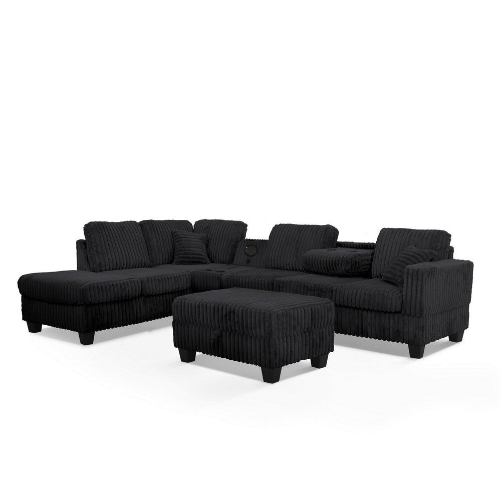 Ega 81 Inch Sectional Sofa Chaise Ottoman Bluetooth Speakers Black By Casagear Home BM317385