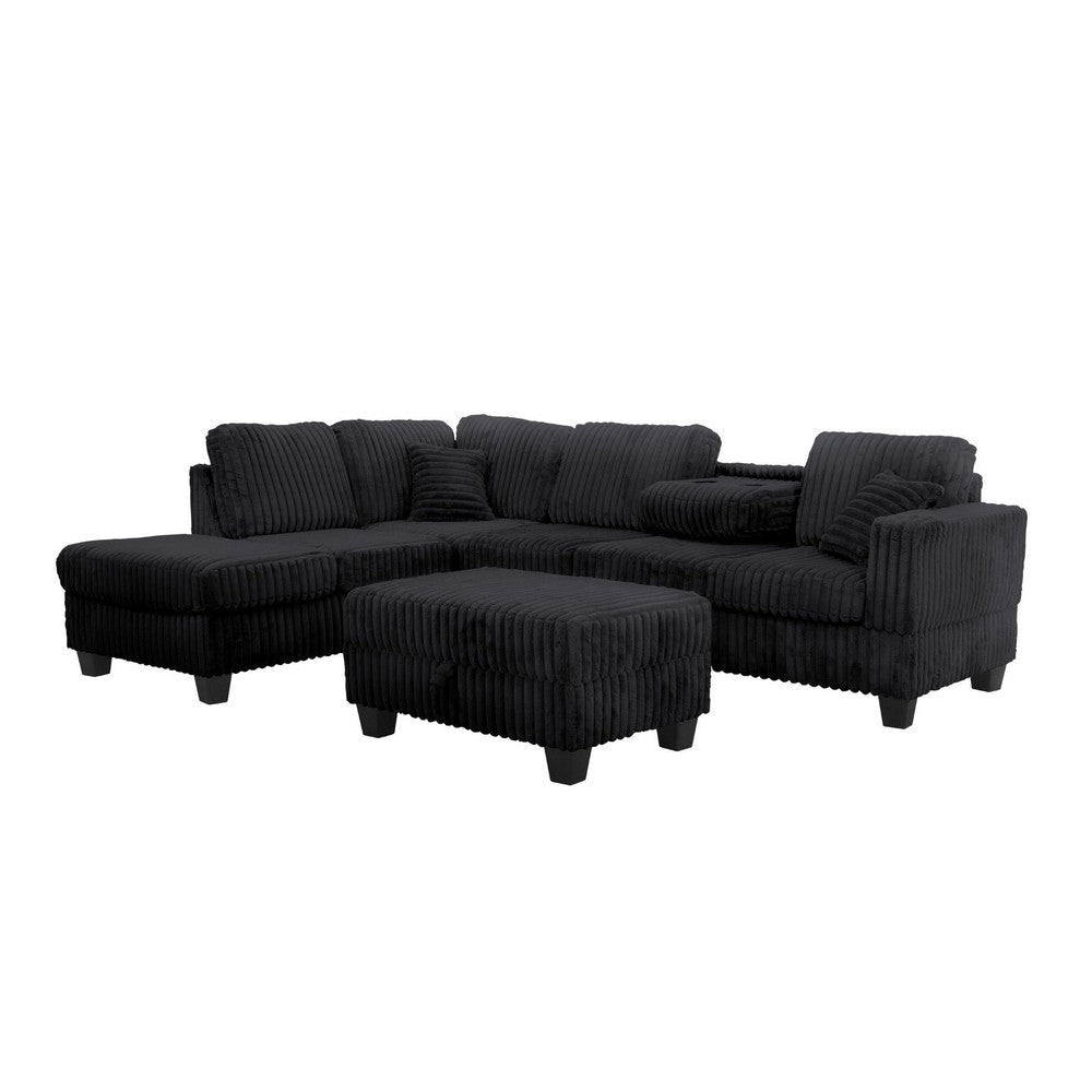 Ega 81 Inch Sectional Sofa with Reversible Chaise Ottoman Black Corduroy By Casagear Home BM317386