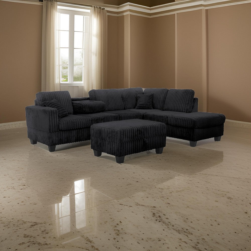 Ega 81 Inch Sectional Sofa with Reversible Chaise Ottoman Black Corduroy By Casagear Home BM317386