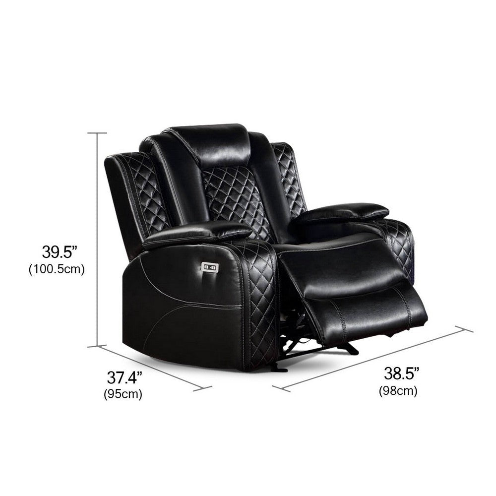 Aile 37 Inch Modern Power Recliner Chair Black Faux Leather Upholstery By Casagear Home BM317399