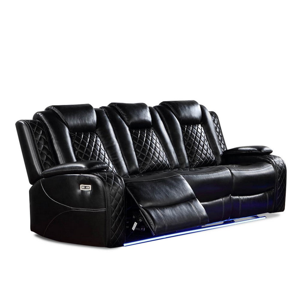 Aile 85 Inch Power Recliner Sofa Bluetooth Charging Black Faux Leather By Casagear Home BM317403