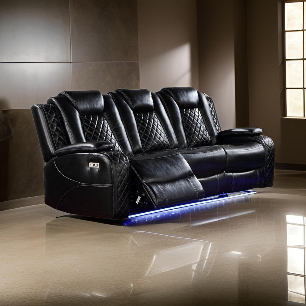 Aile 85 Inch Power Recliner Sofa Bluetooth Charging Black Faux Leather By Casagear Home BM317403