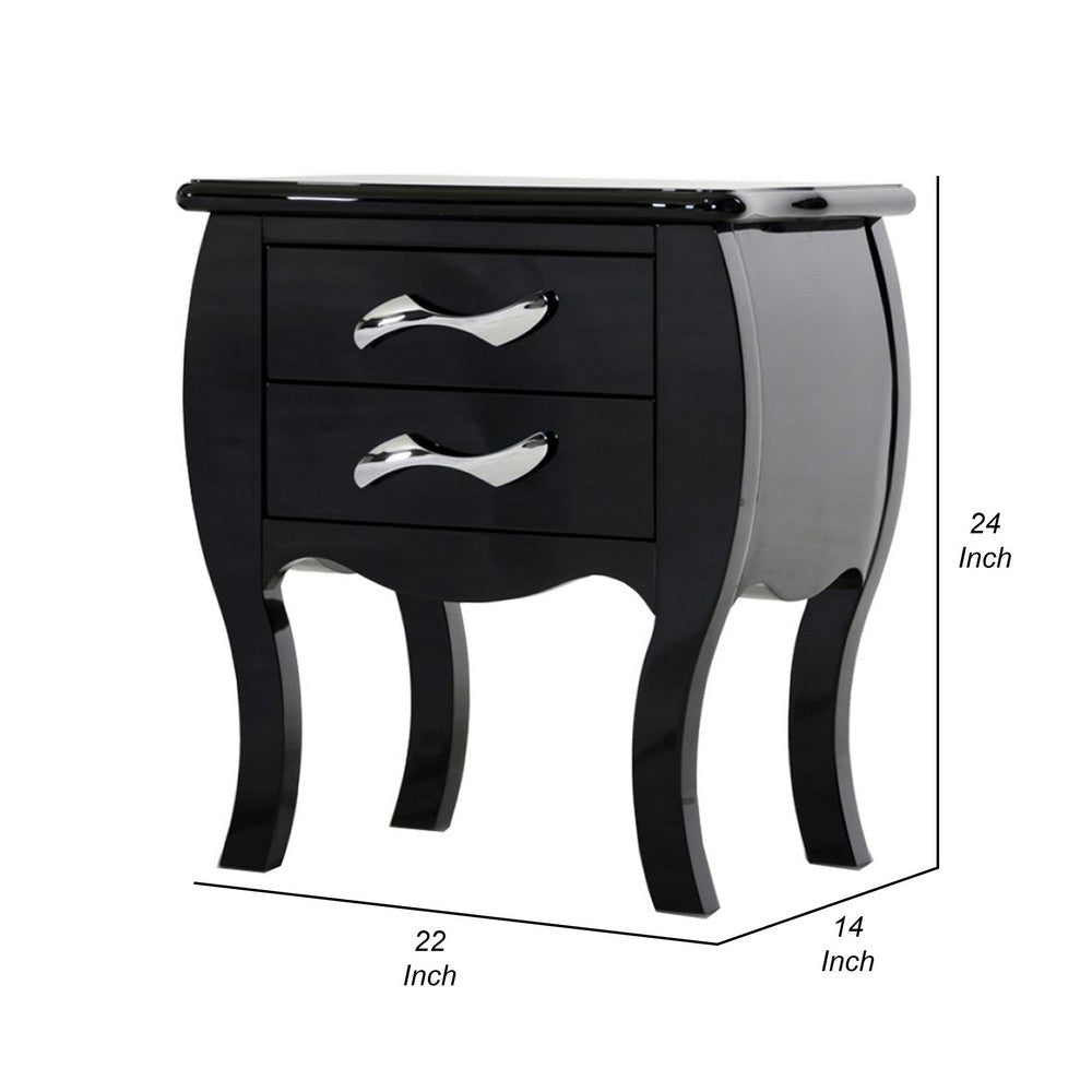 Nial 24 Inch Nightstand 2 Drawers Smooth Black Lacquer Wood Finish Steel By Casagear Home BM317416