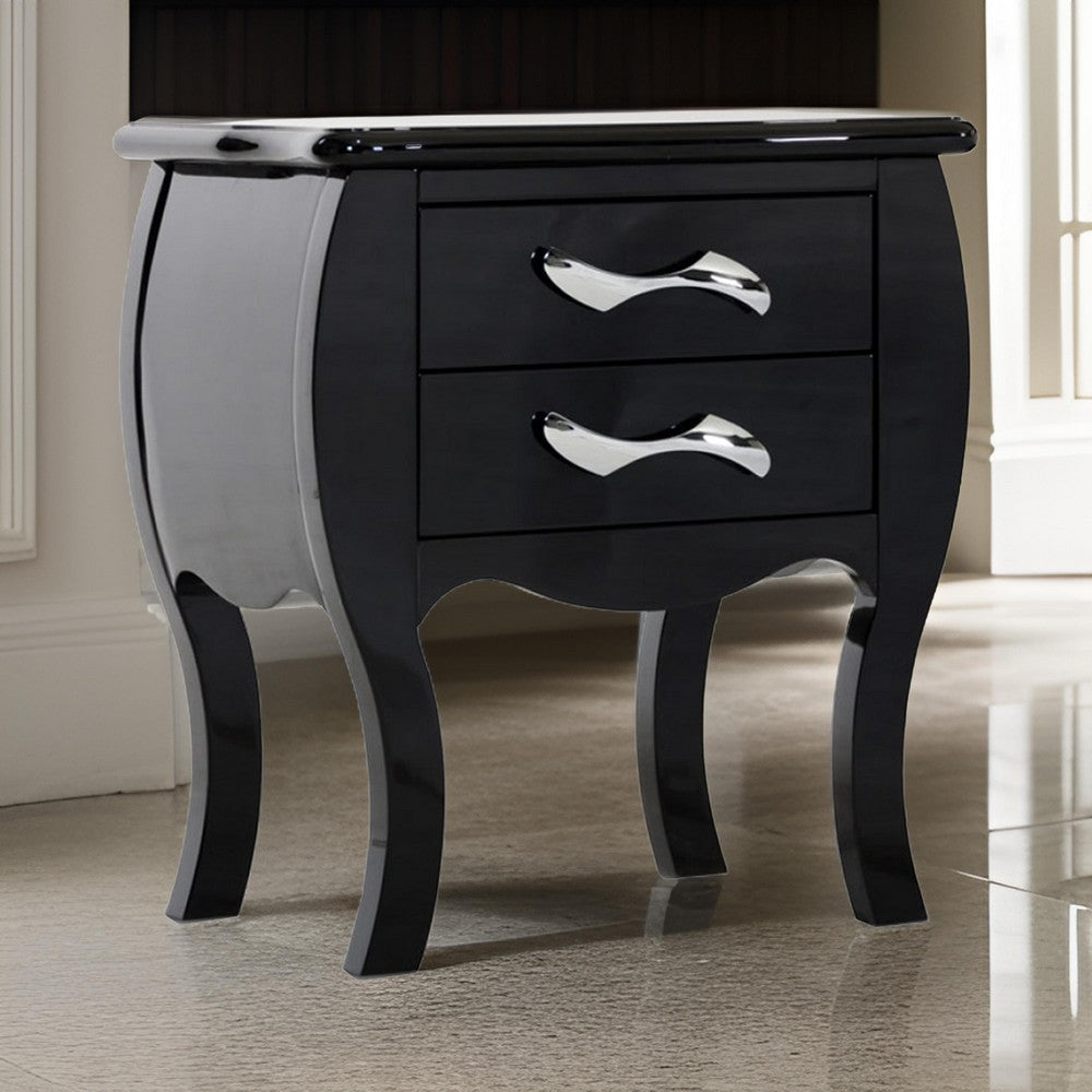 Nial 24 Inch Nightstand 2 Drawers Smooth Black Lacquer Wood Finish Steel By Casagear Home BM317416