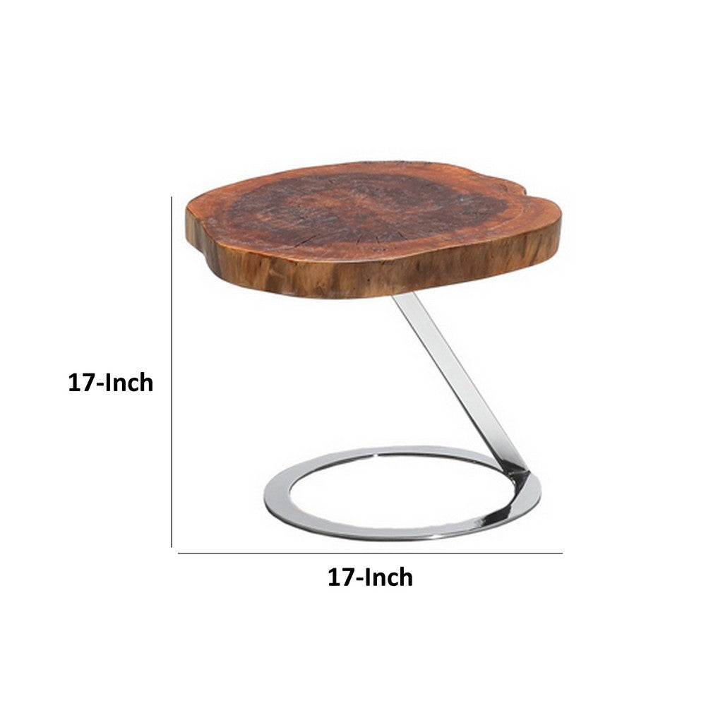 Cid Danes 17 Inch End Table Live Edge Tree Trunk Top Metal Base in Chrome By Casagear Home BM317419