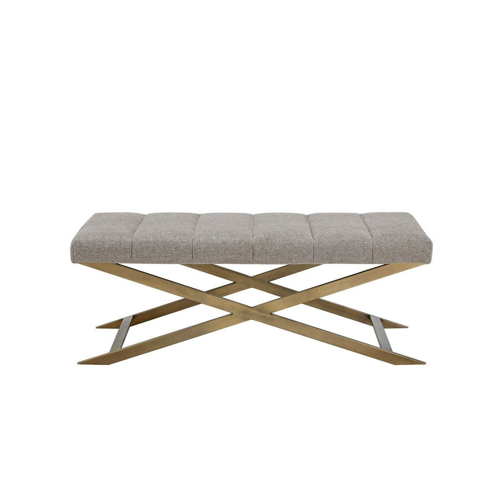 Cid Shia 47 Inch Accent Bench Tufted Gray X Shape Brushed Brass Legs By Casagear Home BM317429