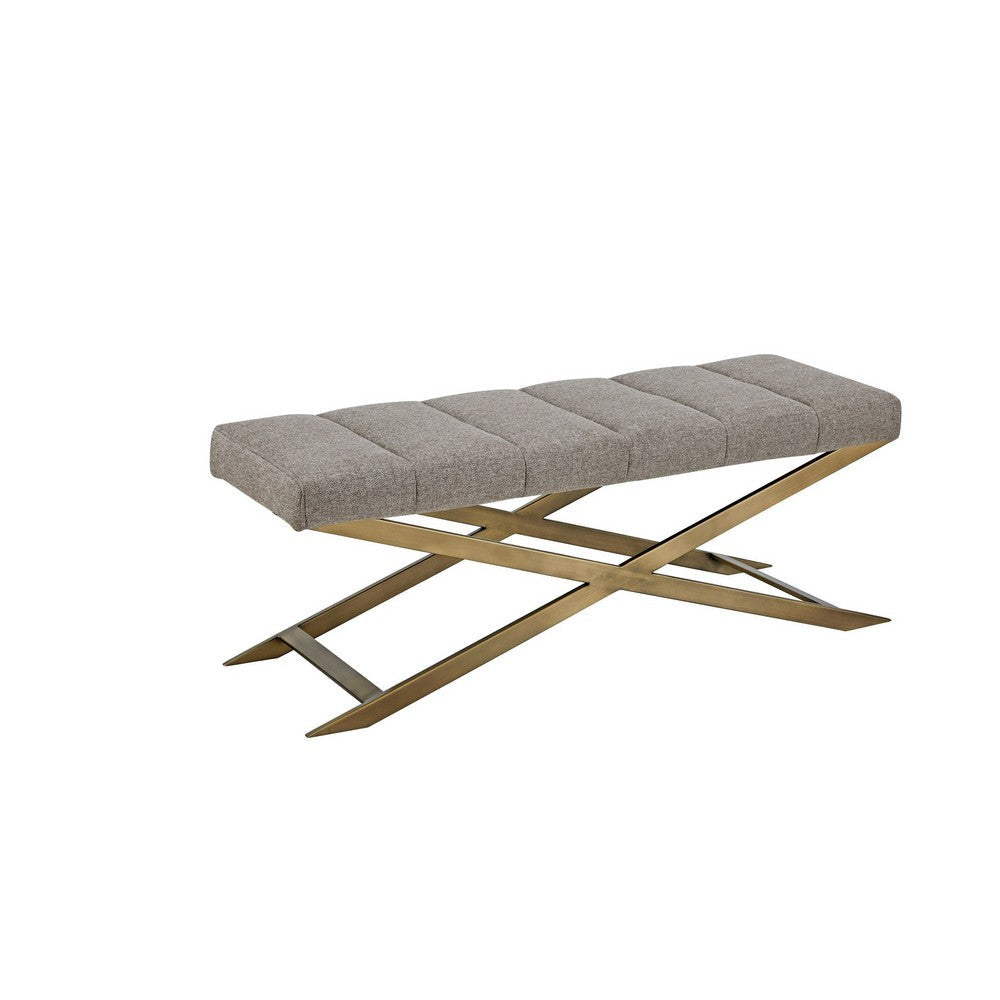 Cid Shia 47 Inch Accent Bench, Tufted Gray, X Shape Brushed Brass Legs By Casagear Home