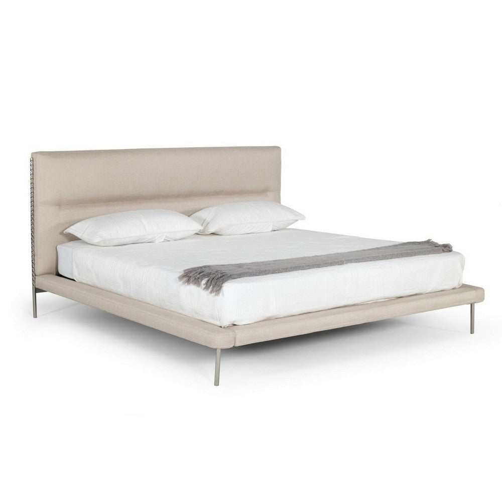 Siyan Queen Size Platform Bed, Cushioned Headboard, Beige Woven Upholstery By Casagear Home