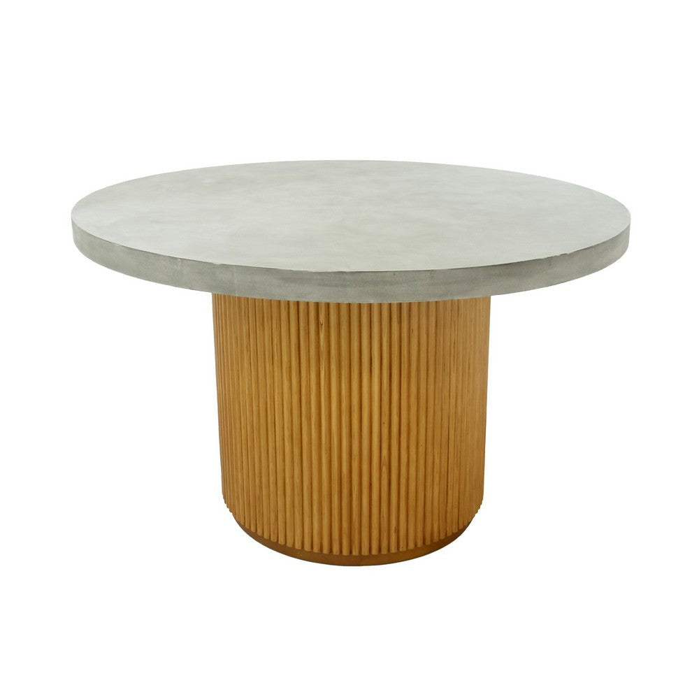 Cid Zeta 47 Inch Dining Table, Round Gray Concrete Top, Ribbed Brown Base By Casagear Home