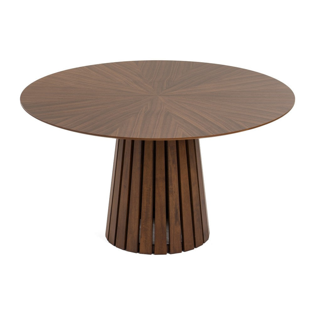 Cid Xeu 54 Inch Dining Table Round Walnut Veneer Slatted Pedestal Base By Casagear Home BM317468