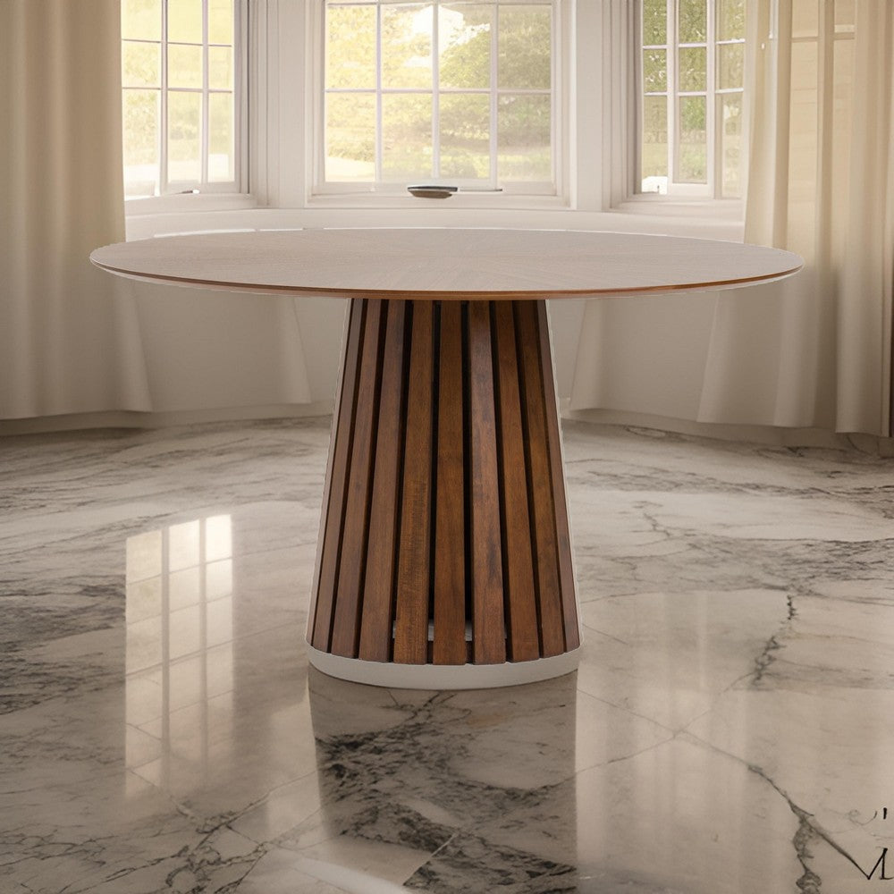 Cid Xeu 54 Inch Dining Table Round Walnut Veneer Slatted Pedestal Base By Casagear Home BM317468