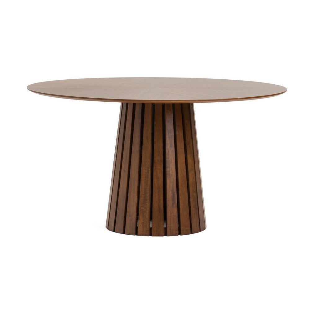 Cid Xeu 54 Inch Dining Table, Round Walnut Veneer, Slatted Pedestal Base By Casagear Home