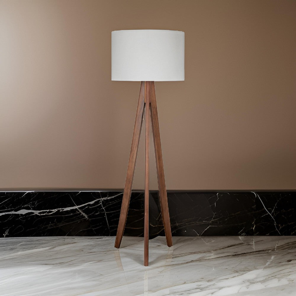 Megan 71 Inch Floor Lamp White Drum Shade and Brown Wood Tripod Base By Casagear Home BM317473