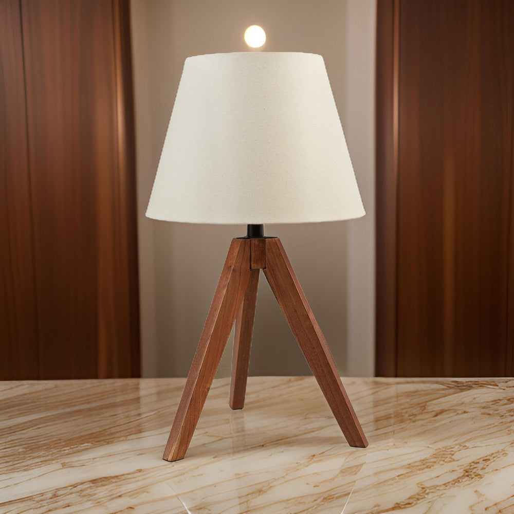 Hena 25 Inch Table Lamp White Empire Fabric Shade Brown Wood Tripod Base By Casagear Home BM317475