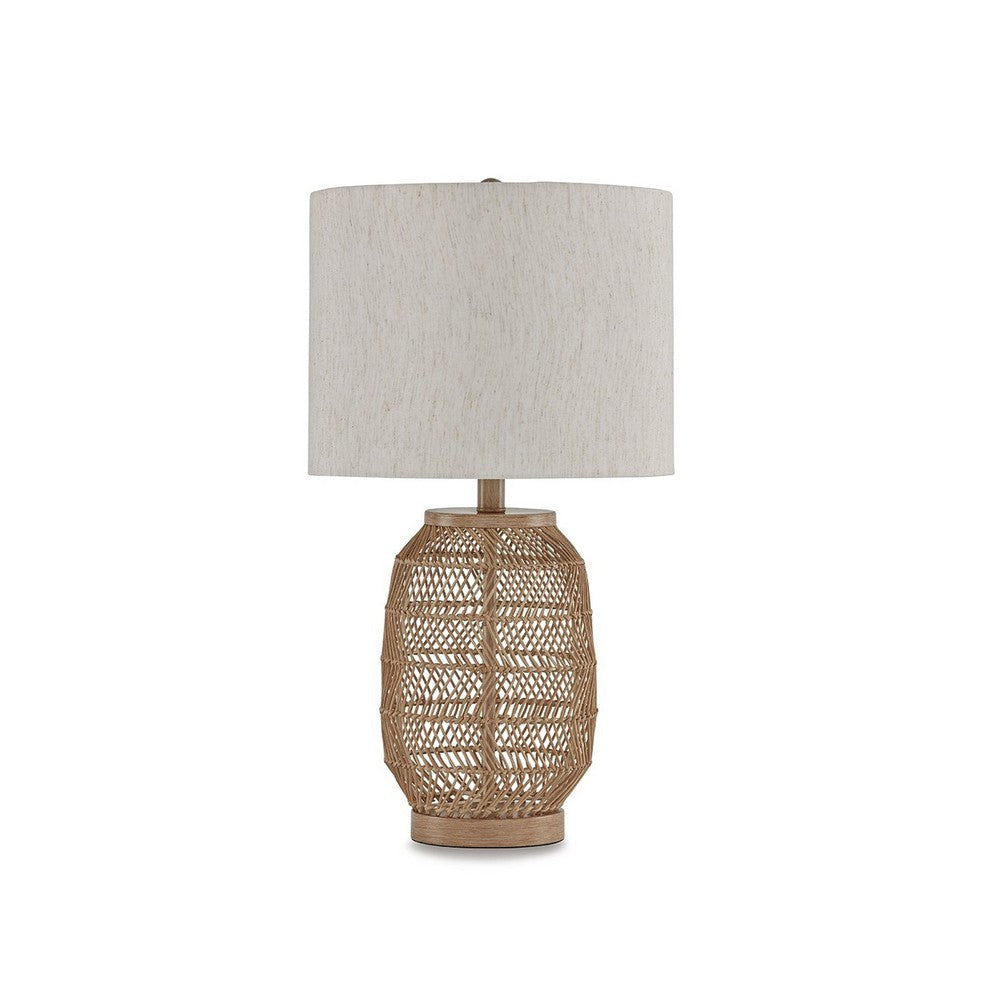 23 Inch Boho Table Lamp Set of 2 White Shade Beige Rattan Woven Lantern By Casagear Home BM317476