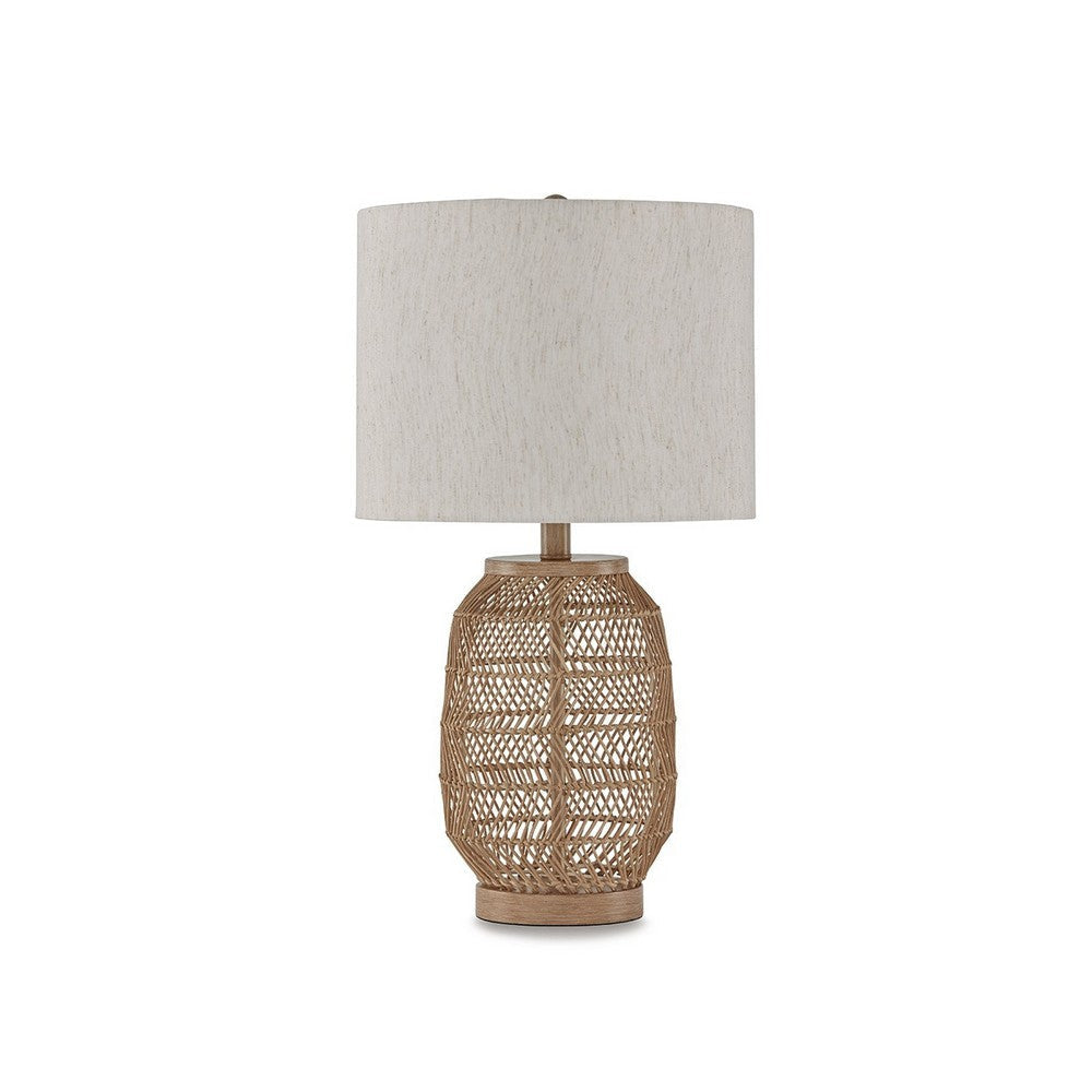 23 Inch Boho Table Lamp Set of 2 White Shade Beige Rattan Woven Lantern By Casagear Home BM317476