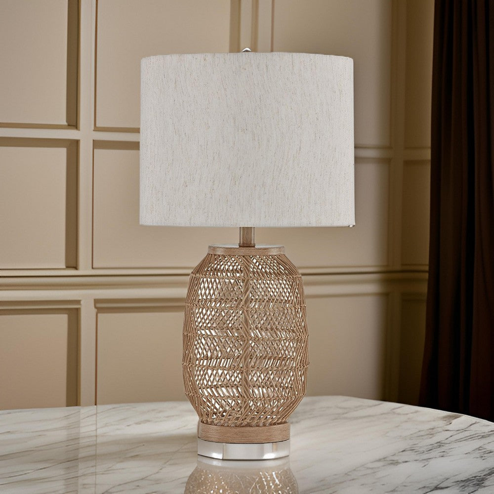 23 Inch Boho Table Lamp Set of 2 White Shade Beige Rattan Woven Lantern By Casagear Home BM317476