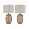 23 Inch Boho Table Lamp Set of 2, White Shade, Beige Rattan Woven Lantern By Casagear Home