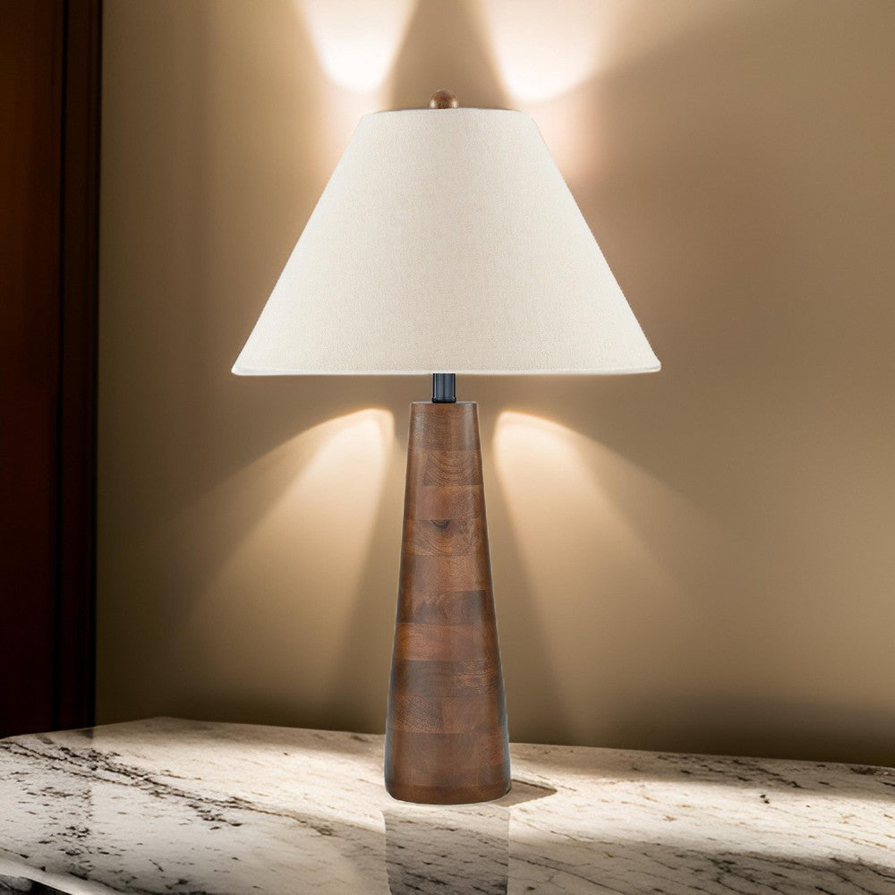 30 Inch Table Lamp White Empire Fabric Shade Tapered Brown Wood Frame By Casagear Home BM317477