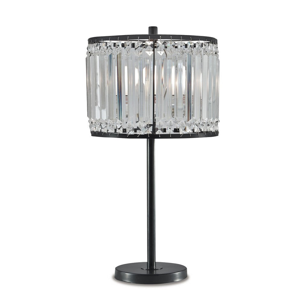 Cela 27 Inch Table Lamp Clear Crystal Beaded Drum Shade Black Metal Base By Casagear Home BM317480