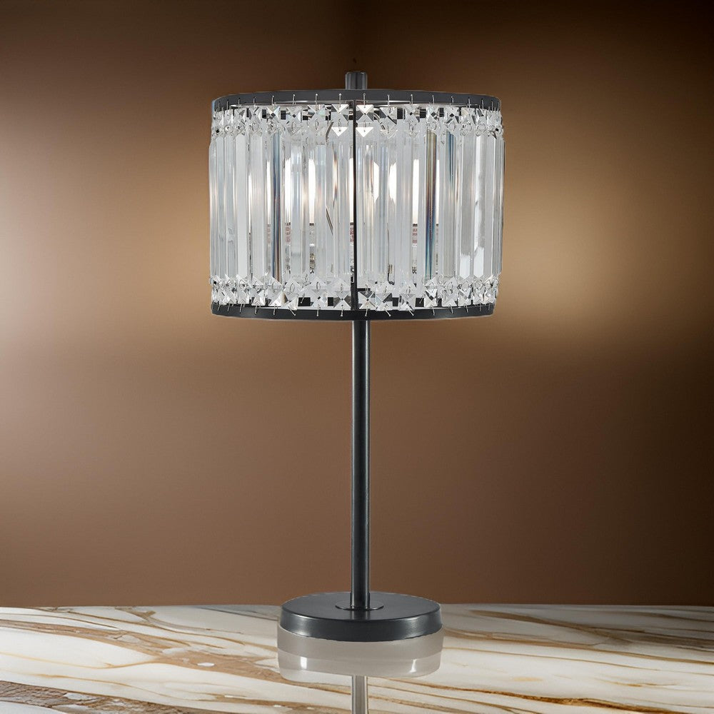 Cela 27 Inch Table Lamp Clear Crystal Beaded Drum Shade Black Metal Base By Casagear Home BM317480