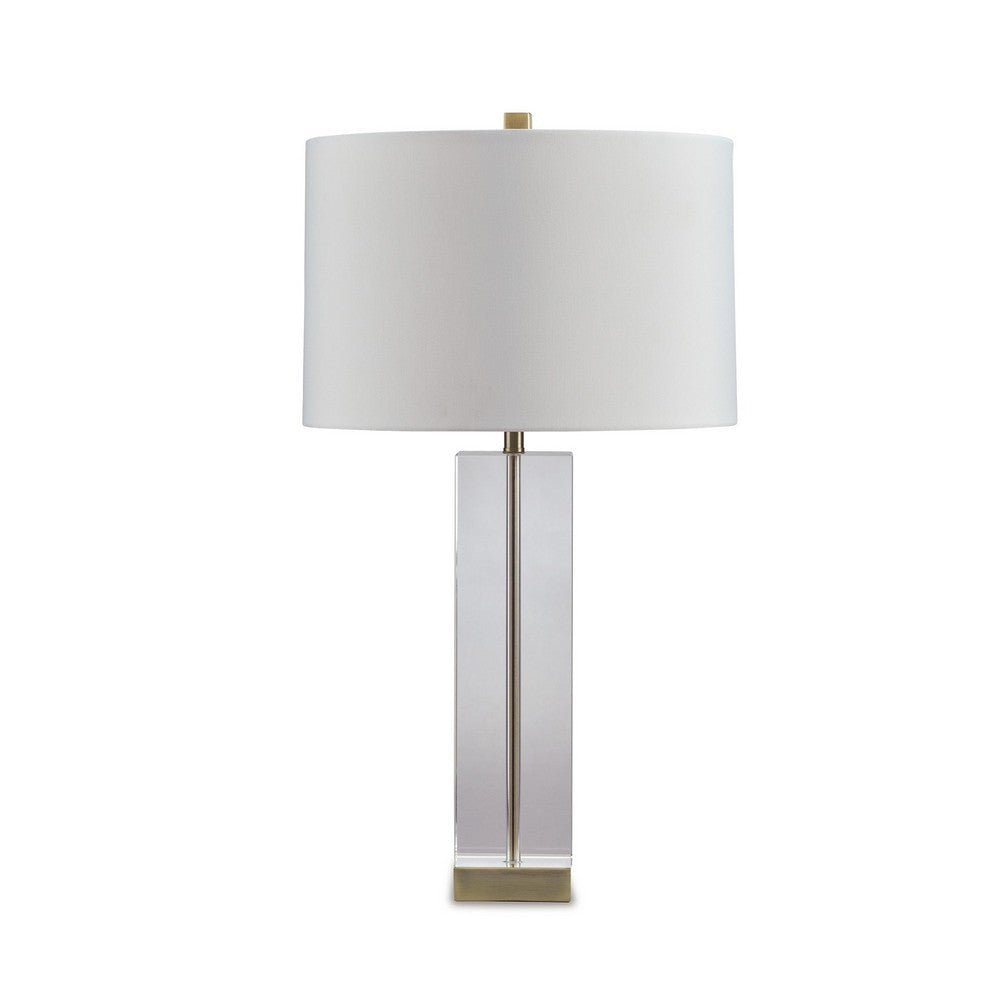 28 Inch Table Lamp, Square Crystal Candlestick Base, White Drum Shade, Gold By Casagear Home