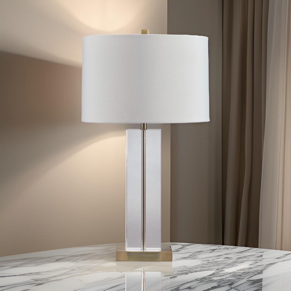 28 Inch Table Lamp Square Crystal Candlestick Base White Drum Shade Gold By Casagear Home BM317482