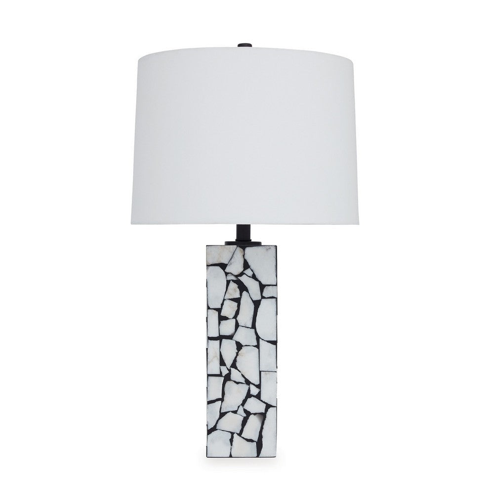 28 Inch Table Lamp Drum Shade Black and White Mosaic Marble Art Resin By Casagear Home BM317484