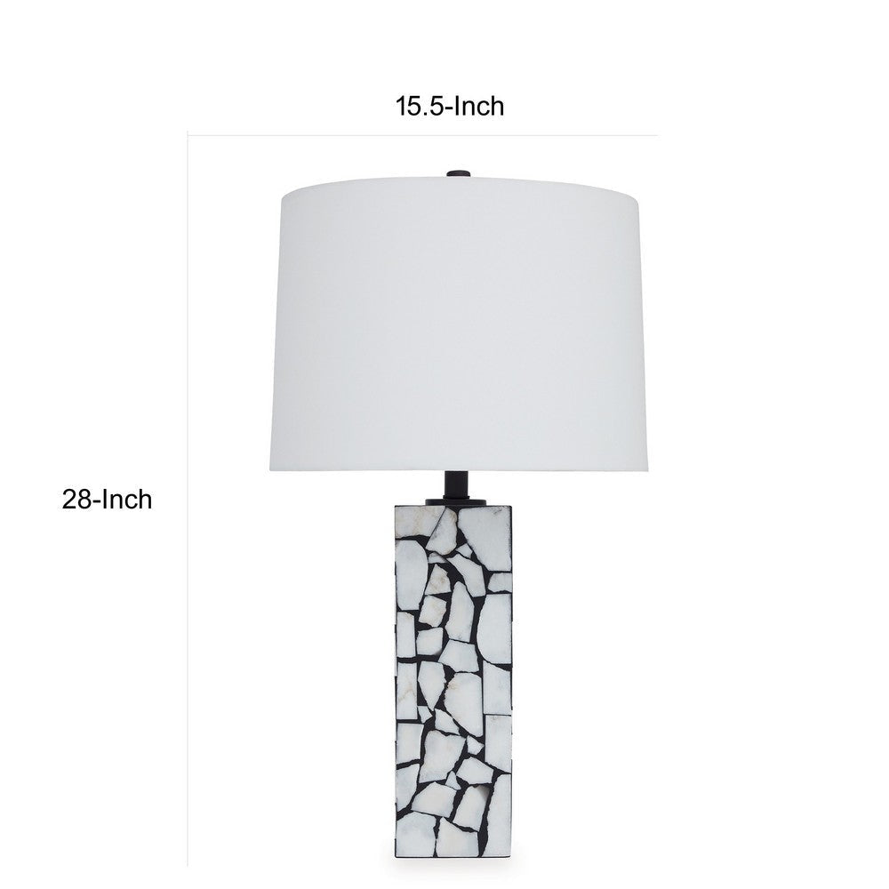 28 Inch Table Lamp Drum Shade Black and White Mosaic Marble Art Resin By Casagear Home BM317484