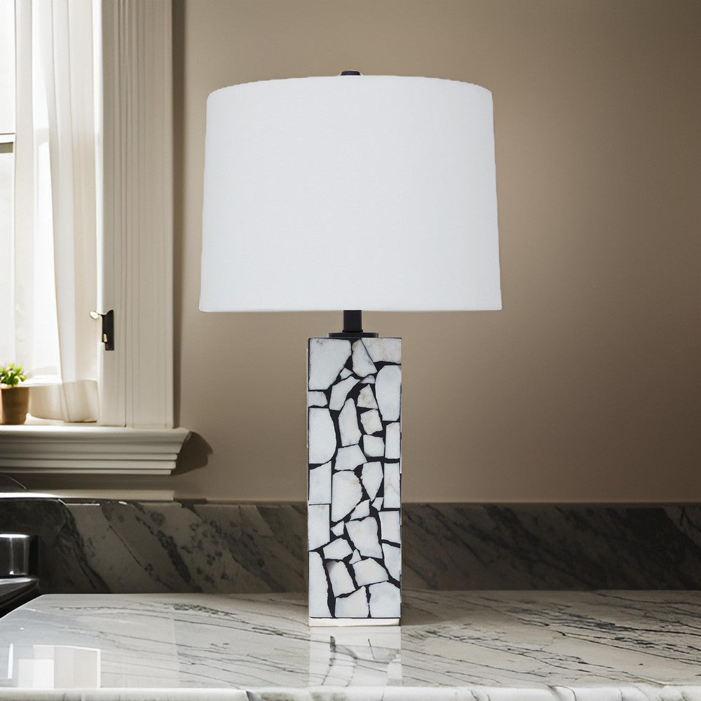 28 Inch Table Lamp Drum Shade Black and White Mosaic Marble Art Resin By Casagear Home BM317484