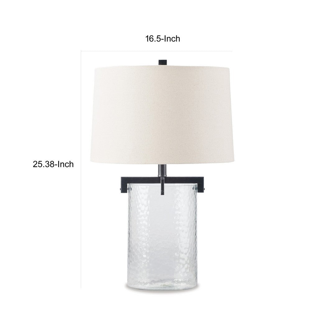 25 Inch Table Lamp White Drum Shade Clear Glass Base Black Metal Frame By Casagear Home BM317486